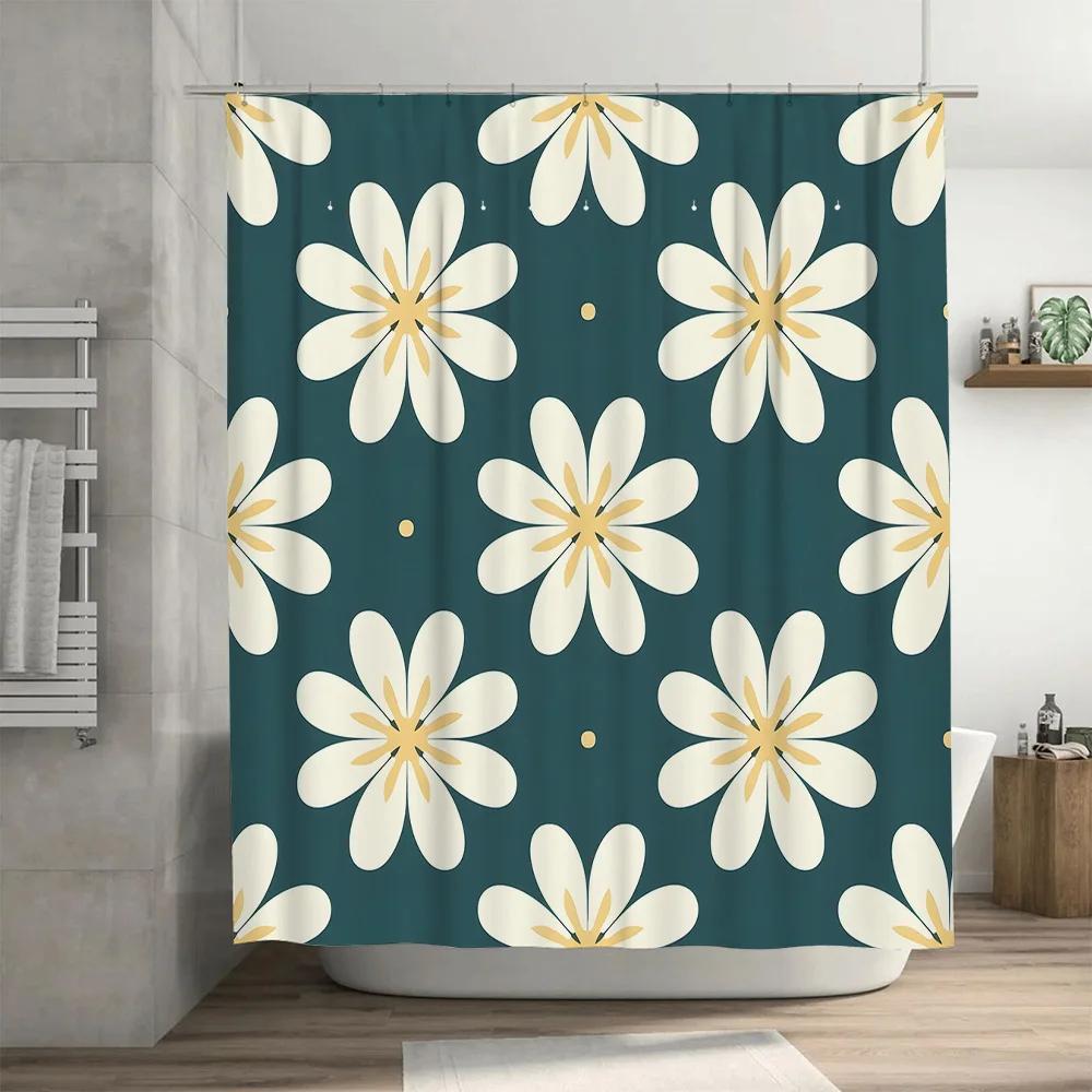 Contemporary Floral Print Shower Curtain 180x240cm Green Bath Decor Waterproof Fabric with Hooks for Bathroom Interior Design