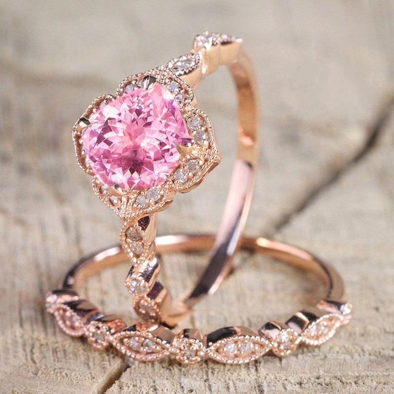 Huitan White/Champagne/Pink CZ Set Rings for Women Rose Gold Color 2Pcs Finger Rings Wedding Party Double Wear Fashion Jewelry