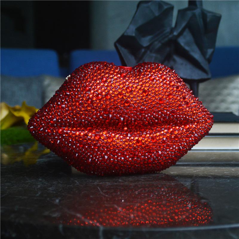 Dinner Bag Women's Lip Chain Bag European and American Style Diamond-set Nightclub Hand-held Party Rhinestone Bag Party Bag