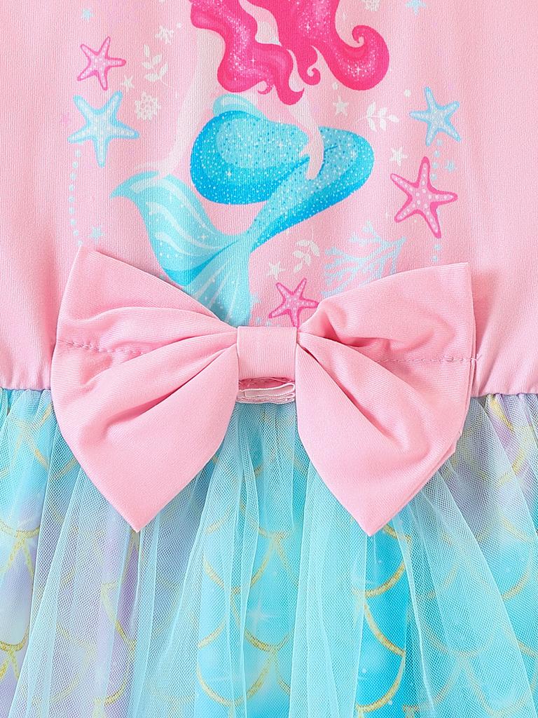 Vestido de Sirena de Verano para Niñas de 4 a 7 Años Estampado de Escamas de Pez Malla Mangas Volantes Doble Capa Lazo en la Cintura