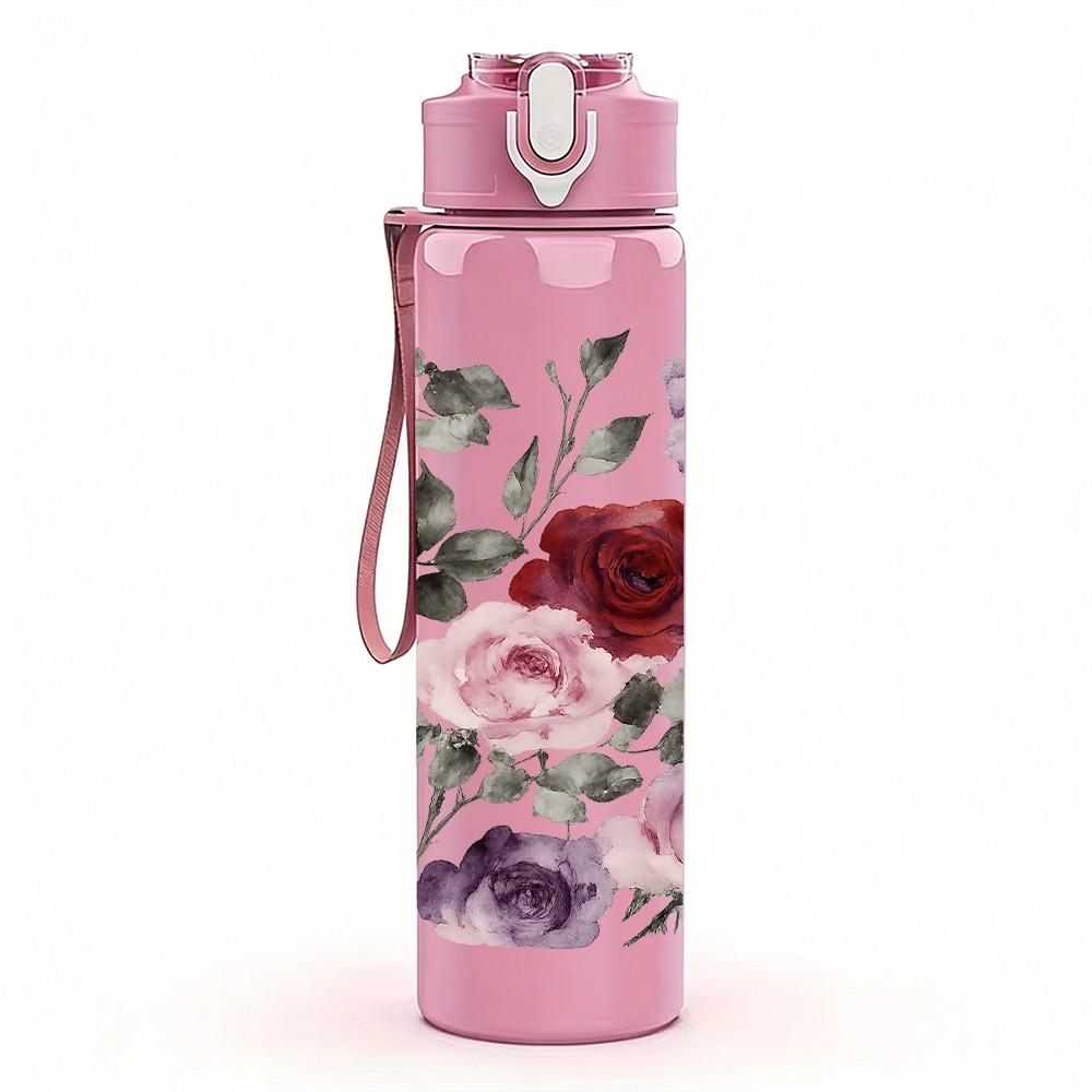 1PC Dusty Rose Mixed Flower Print 750ml Color Plastic Sports Water Bottle Leakproof Flip Straw Lid Suitable for Sports Office Home Use