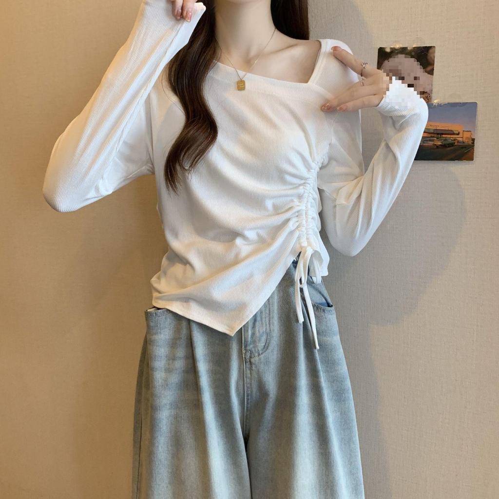 Damen Übergröße Langarm Oberteil mit quadratischem Ausschnitt und Raffungen - Schlankmachender koreanischer Stil Herbstmode