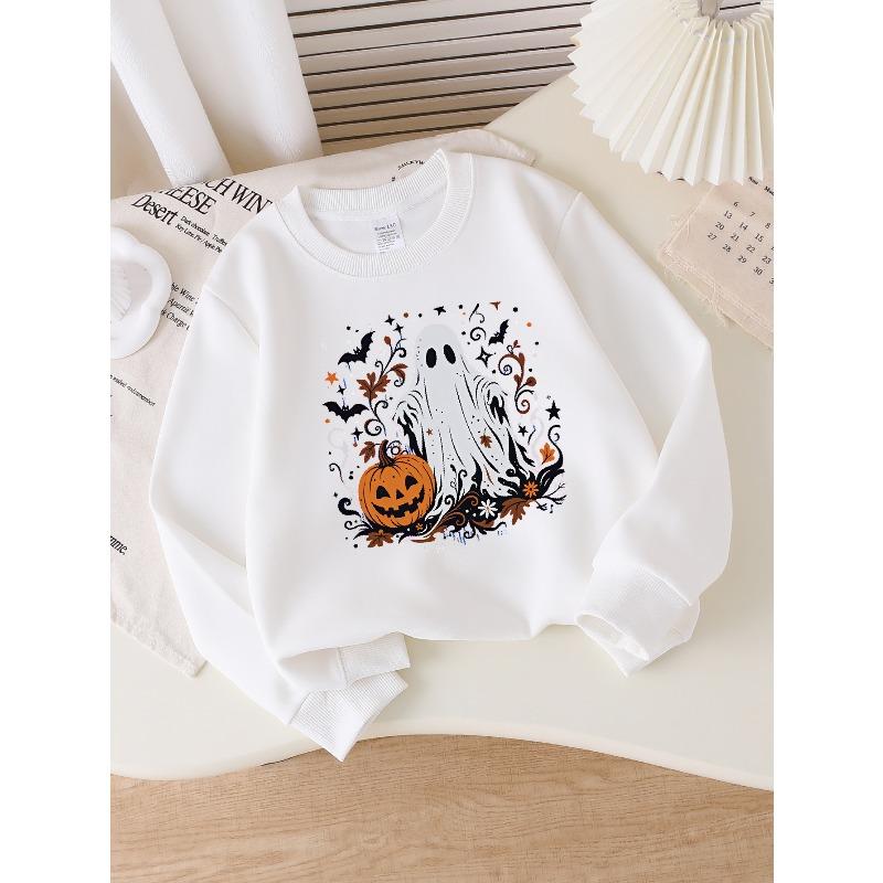 Girls' Halloween Long-sleeve Sweatshirt, Round-neck Fun Print Casual Top, Kids' Autumn Clothing, Suitable for Trick-or-treat Parties and Halloween