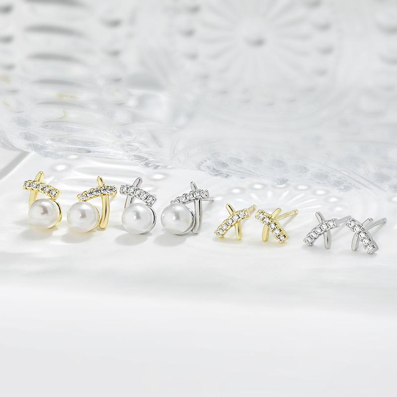 Small Lines X Earrings Japanese and Korean Version Diamond-set High-end Feel Personalized and Cold Style Letter Cross Pearl Earrings