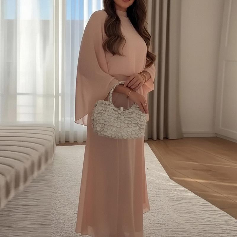 European and American women's clothing, new spring models, gentle wind stand-up collar loose pleated horn sleeve dress