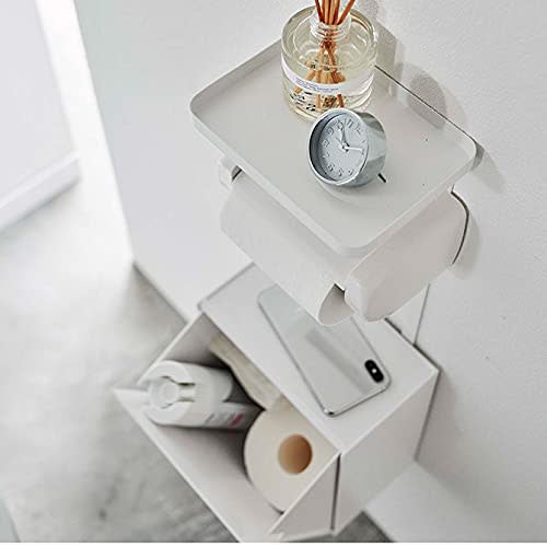 Yamazaki Toilet Paper Holder with Tray and Storage Case, White, Approx. W20.5 x D12.5-23.5 x H54.5cm, Tower, Flap-Style, Small Item Storage, Trash Can