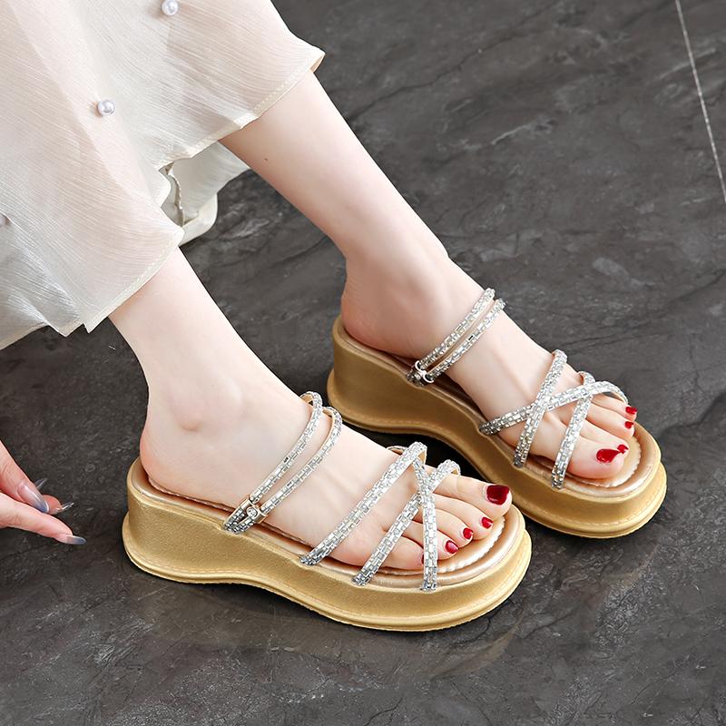 Fashion CRLAYDK Slide Sandals for Women Strappy Ladies Fashion Platform Open Toe Walking Wedge Rhinestone Beach Vacation Slippers