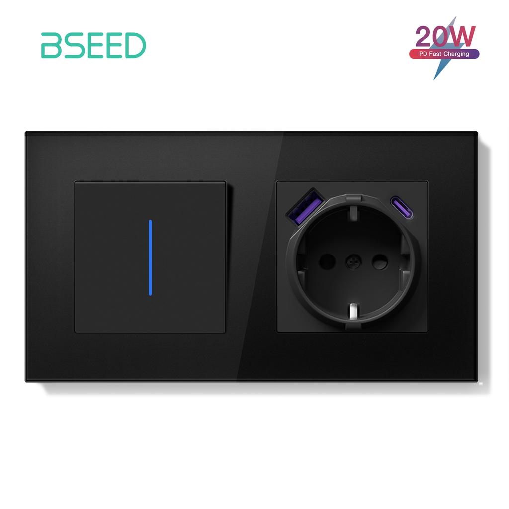 BSEED 1/2Gang Wall Light Switch Mechanical Double Button Switch 1Way With LED EU Sockets USB 20W Type-c Power Ports Glass Panels
