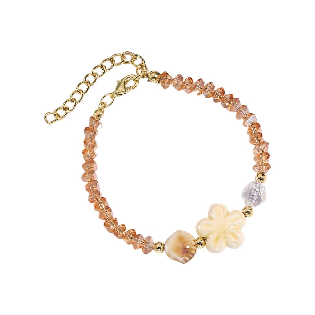 Handmade Ceramic Starfish Snail Beaded Bracelet With Sweet Crystals Accent Adjustable Length for Women Girls
