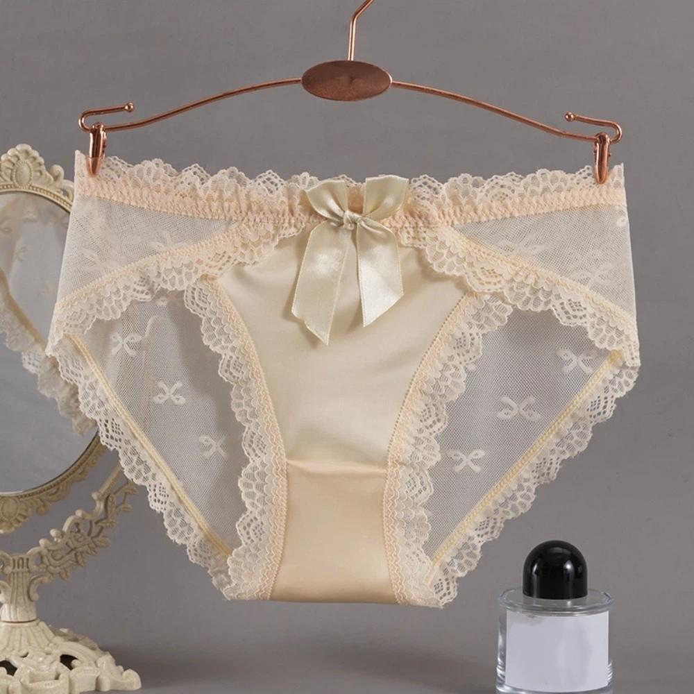 Bow Lace Panties Transparent Mesh Flower Briefs Breathable Underwear for Women  Lady