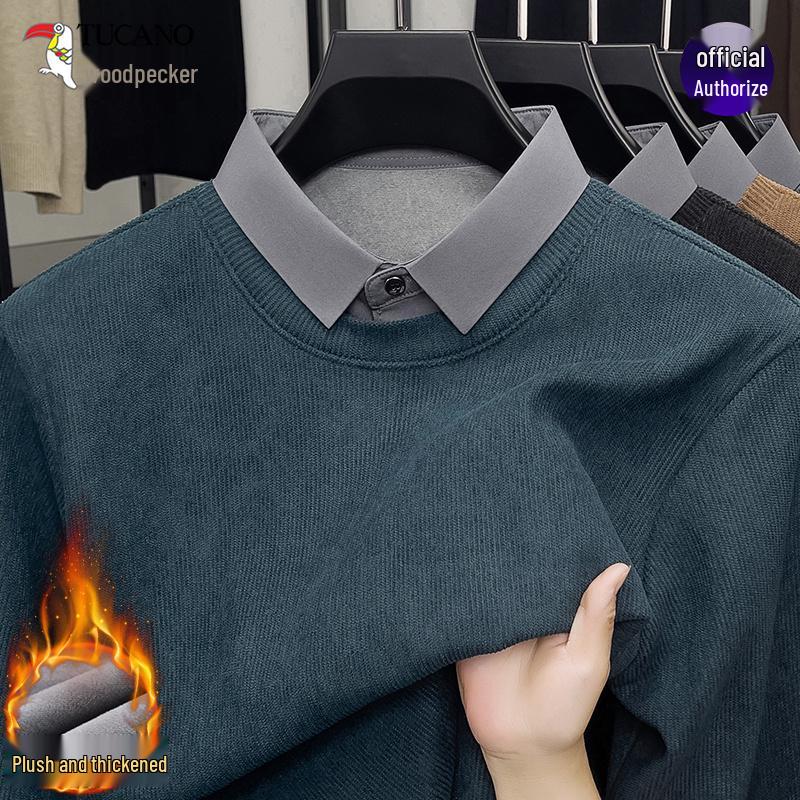 Woodpecker Men's Winter Two-Piece Sweater with Velvet Lining - Thick, Warm, Casual Shirt Collar for Middle-Aged Dads