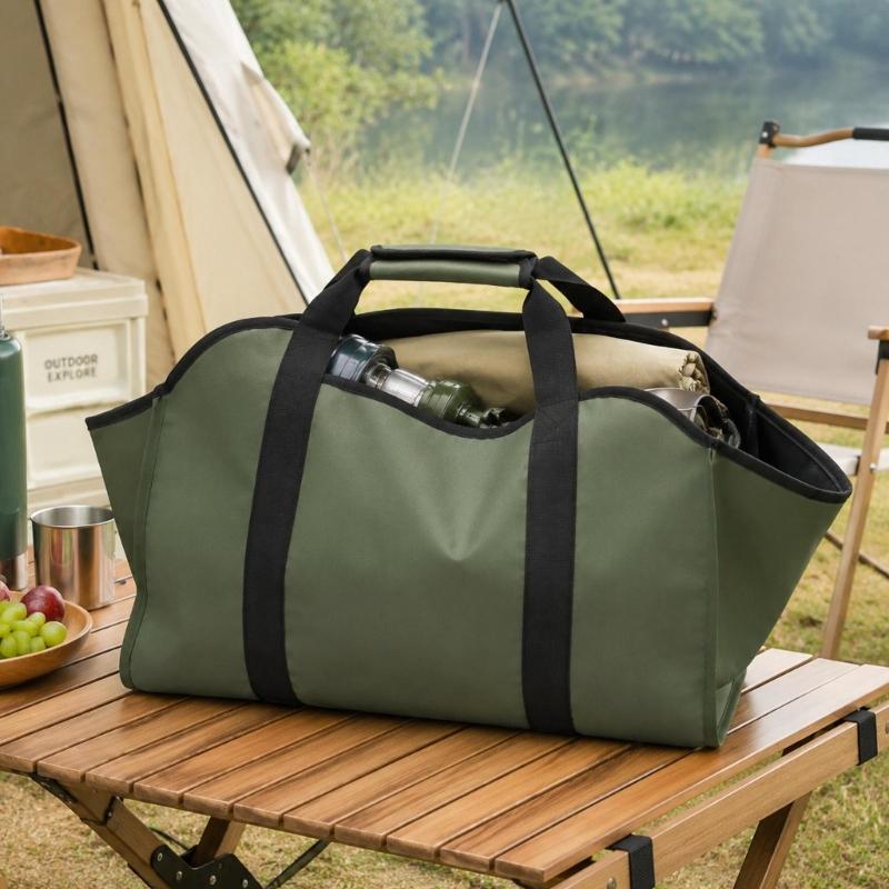 Folding Firewood Bag with a Broad Opening and Reinforced Handles for Hearth, Fire Pit, Camping, and Cabin Wood Transport