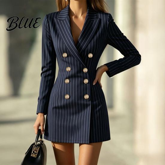Striped Blazer Dress Women for Fall Double-breasted Lapel Collar Mini Slimming Waist Dress Slim Fit Cinched Above Knee Short Office Wear