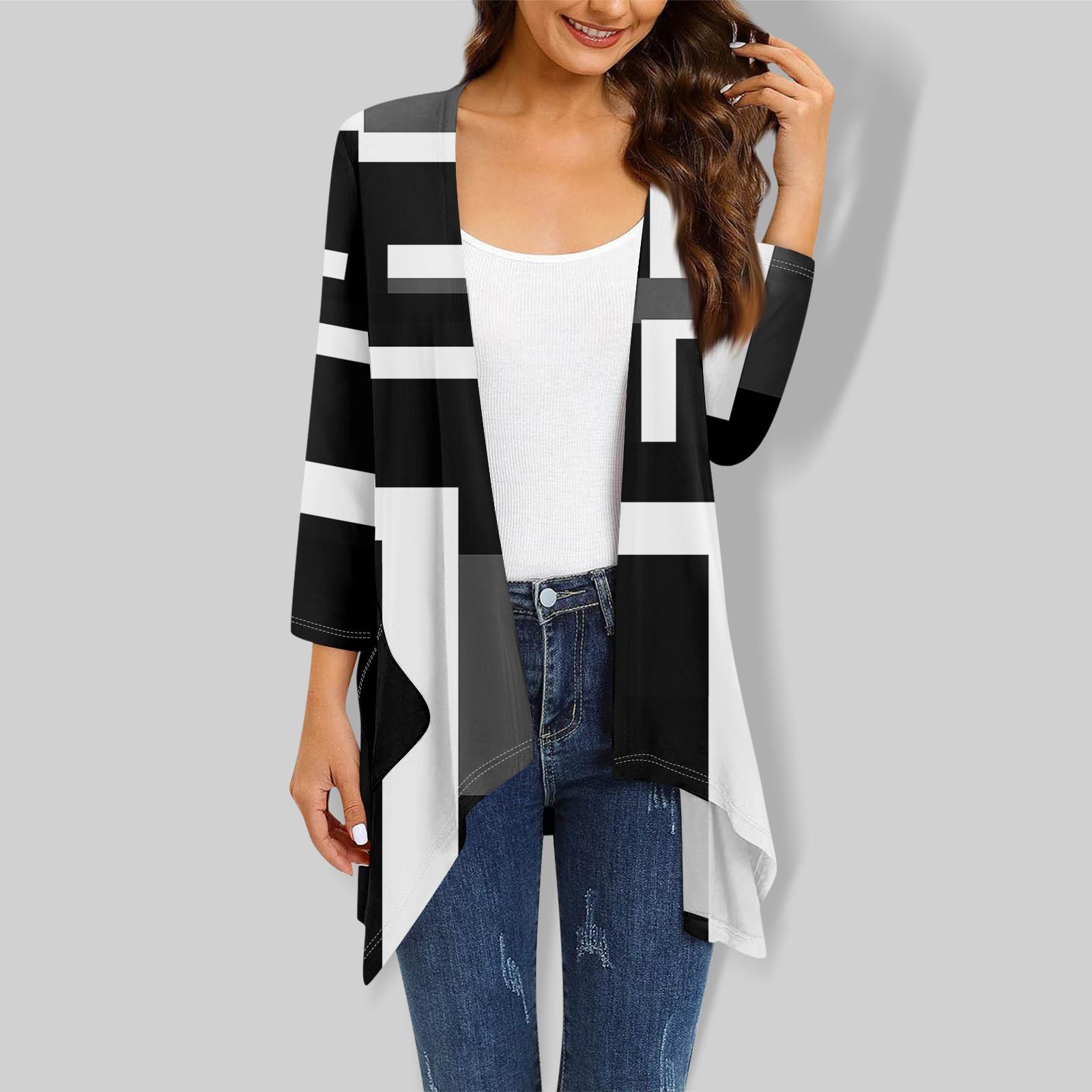 

Женский кардиган с рукавом 3/4 и принтом, вязаный легкий кардиган с открытой передней частью и карманами XL чёрный