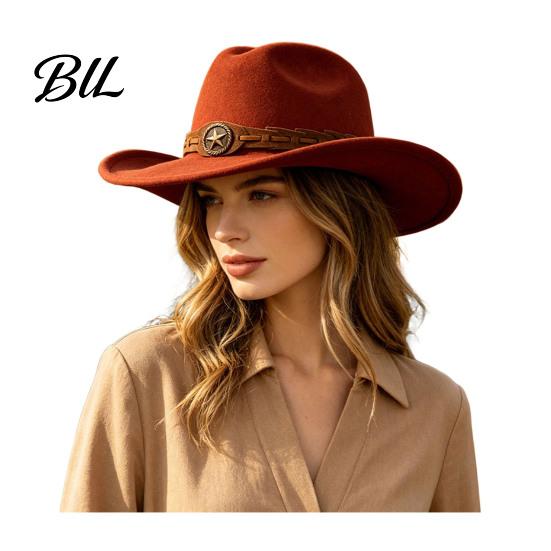Winter Windproof Wool Cap Unisex Western Cowboy Hat, Felt Fedora Hat with Faux Leather Band, Retro Wide Brim Cowgirl for Men Women Autumn Warm