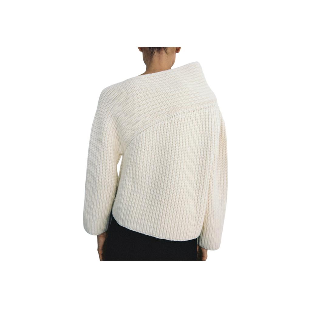 Zara Asymmetrical Neckline Solid Color Ribbed Knit Sweater Women Sweater Beige 4192122-712