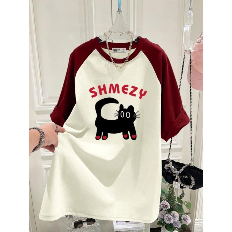 Nova T-shirt de Verão Versão Coreana Gato Desenho Animado Amor Versão Grande Solta Cor Contrastante Manga Raglan Manga Curta para Mulheres