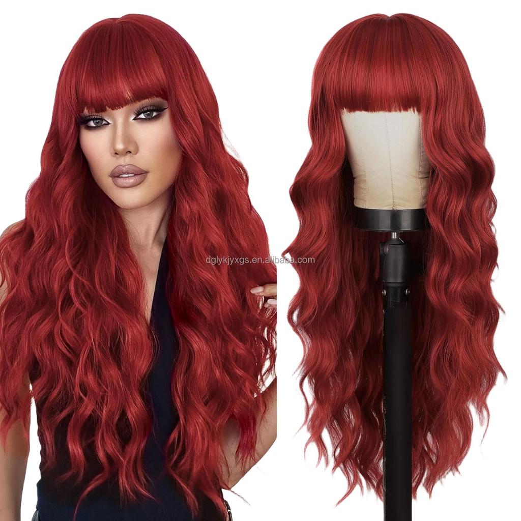 Hot Sales 26Inch Brown Mixed Blonde Wigs with Bangs for Women Wavy Curly Hair Heat Resistant Synthetic Fiber Wigs Women Hair