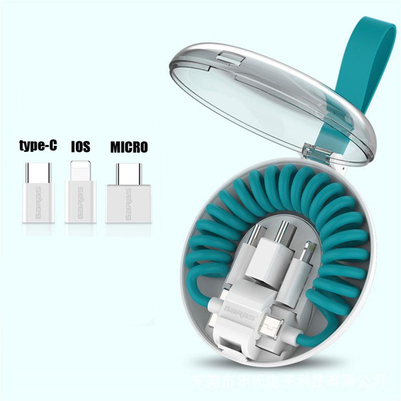 Portable Telescopic Spring Data Cable With Storage Box 3-in-1 Charging And Data Transfer Usb