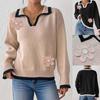 Women S Pullover Sweater Polo Neck Embroidered Flowers Casual Top