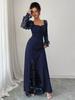 Elegante Abito Maxi Floreale a Rete Patchwork, Scollo Quadrato, Manica Lunga, Vita Alta, per Donna