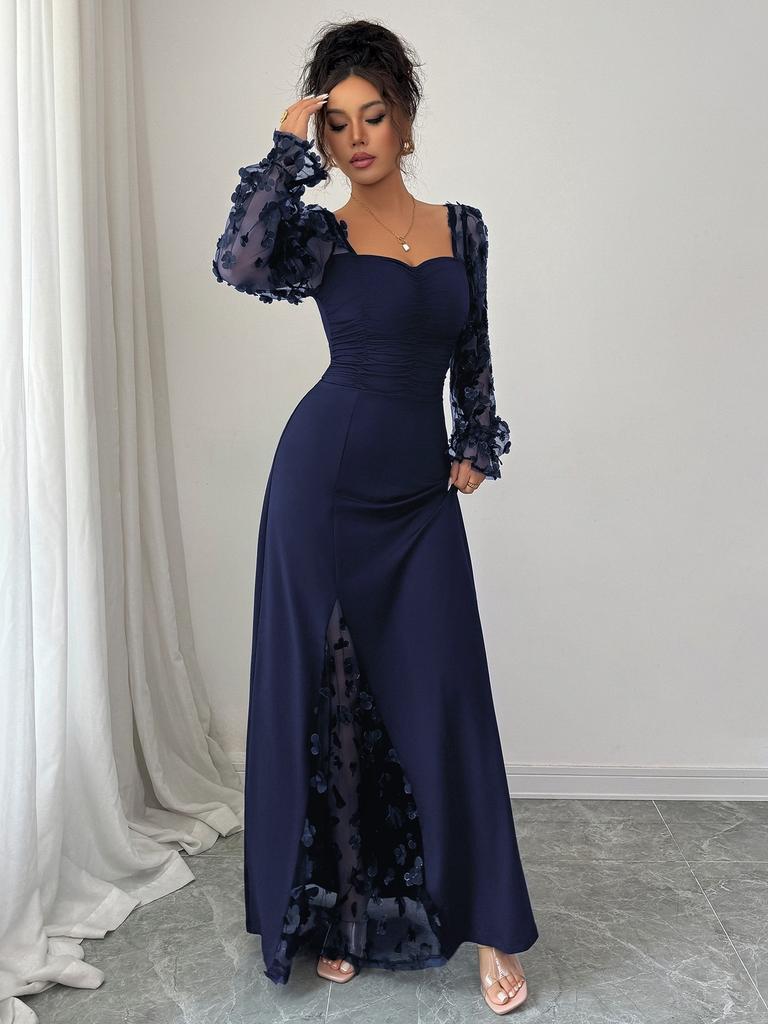 Elegante Abito Maxi Floreale a Rete Patchwork, Scollo Quadrato, Manica Lunga, Vita Alta, per Donna