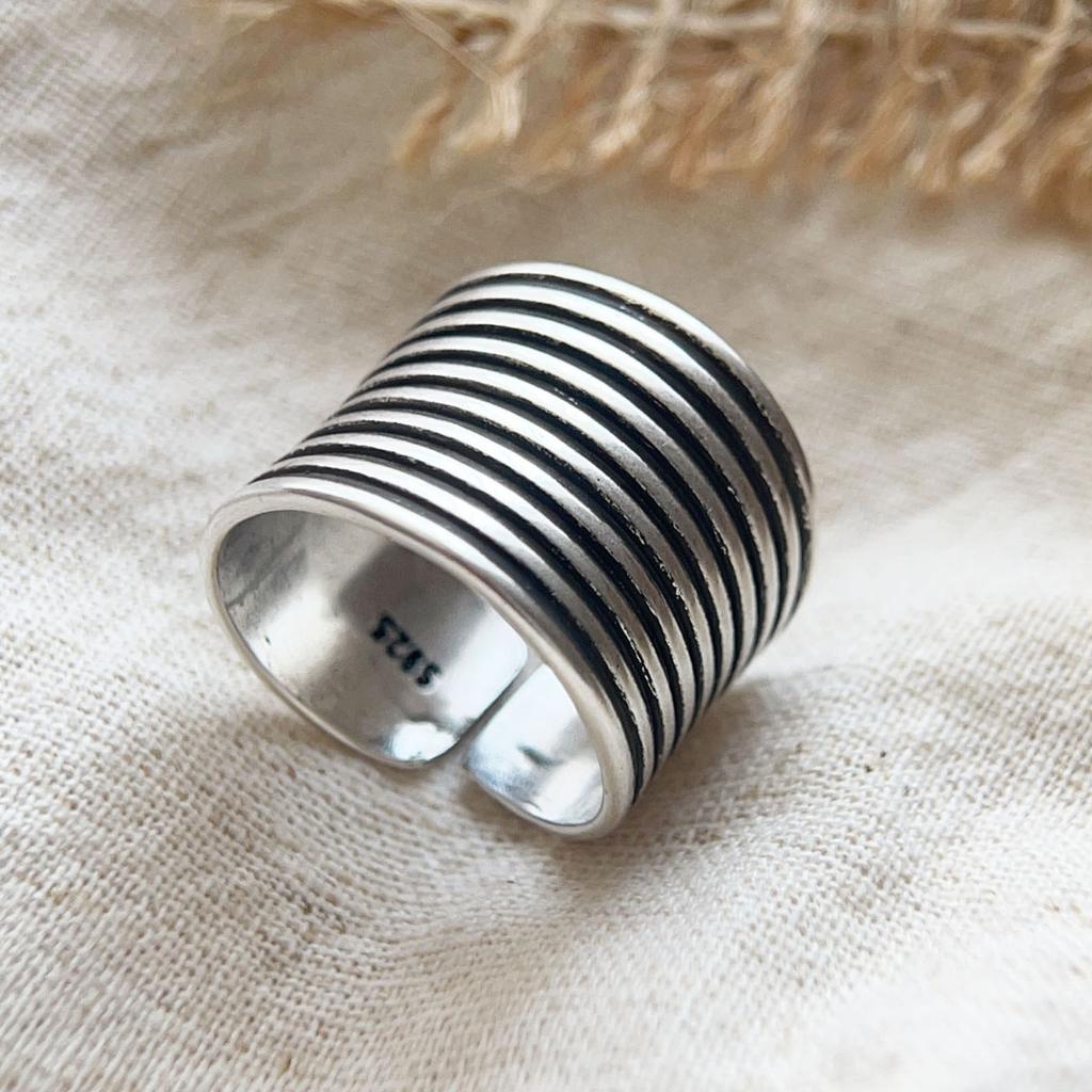 925 Sterling Silver Rings For Women Geometric Fine Jewelry Finger Adjustable Vintage Wide Strip Ring For Party Birthday Gift