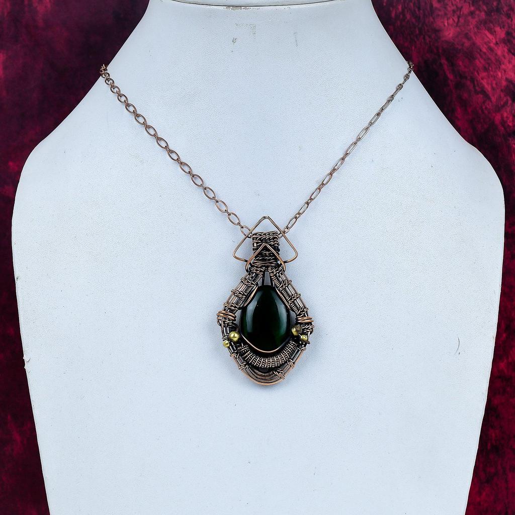 Green Fire Labradorite Gemstone Pendant Copper Wire Wrapped Handmade Jewelry