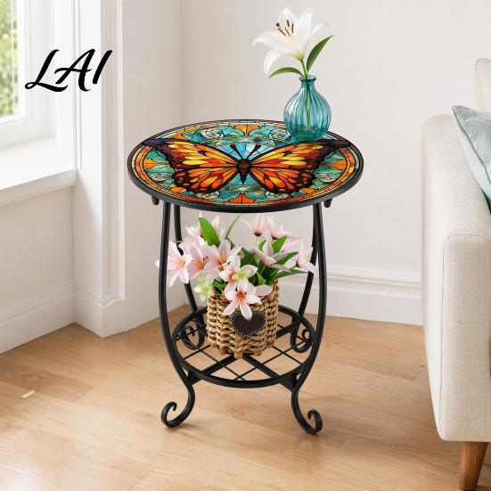 Butterfly Pattern Table Outdoor Side Table Round Small Mosaic Bird Patio Accent Indoor End Plant Coffee Tea for Yard Porch Garden Living Room,
