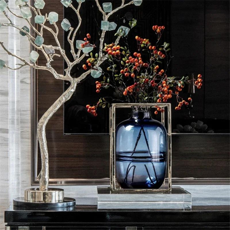 Minimalistische Blauw Zwarte Glazen Vaas Woonkamer Nordic Restaurant Bloemschikking Transparante Bloemen Decoratie Ornamenten