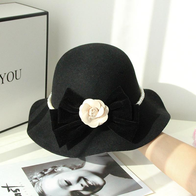 Autumn Winter 100% Wool Hat Bell Hat Women's French Elegant Retro Hepburn Autumn and Winter Celebrity Pearl Wool Felt Bucket Hat