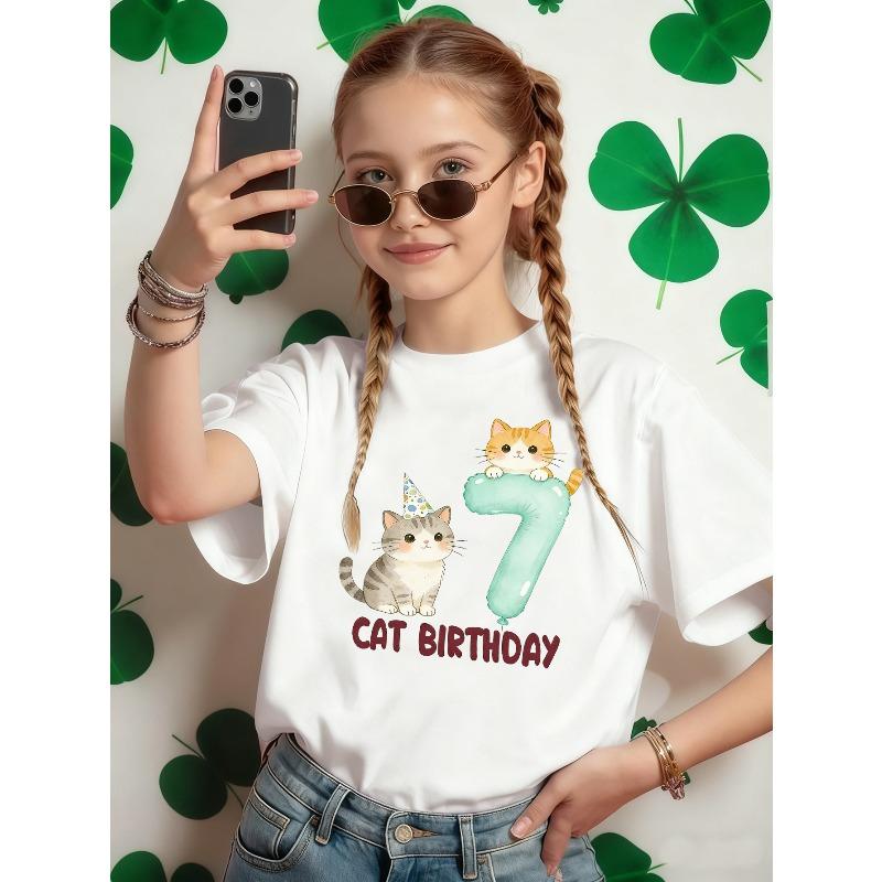 Girls Cat Birthday Cute Floral Print Crewneck T-Shirt, Spring Summer Versatile Kids Tee 110 белый
