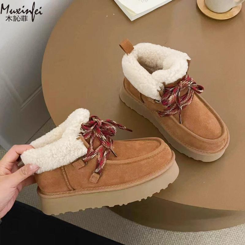 Winter New Snow Boots Thick Bottom Fukara Strap Sheepskin and Fur Integrated Snow Boots Wool Strap Short Boots