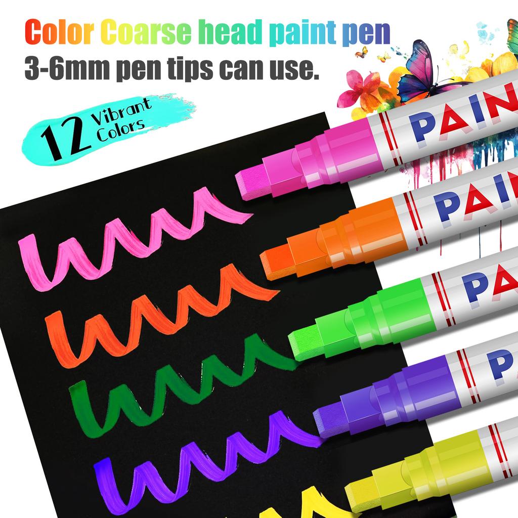 12 Colors Permanent Paint Marker Pen Square 6mm Tip for Fabric and Metal Use Stone Coloring & Refinishing