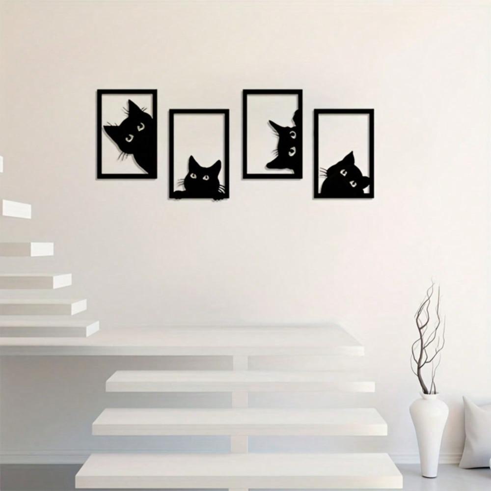 Four Piece Black Metal Cat Wall Art, Modern Animal Silhouette Sculpture Decor for Home Office Cafe