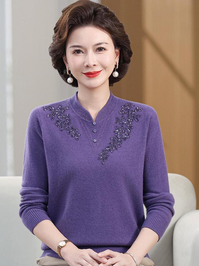 100% Pure Wool Knitted Sweater for Women with Cheongsam Collar - Autumn/Winter Style