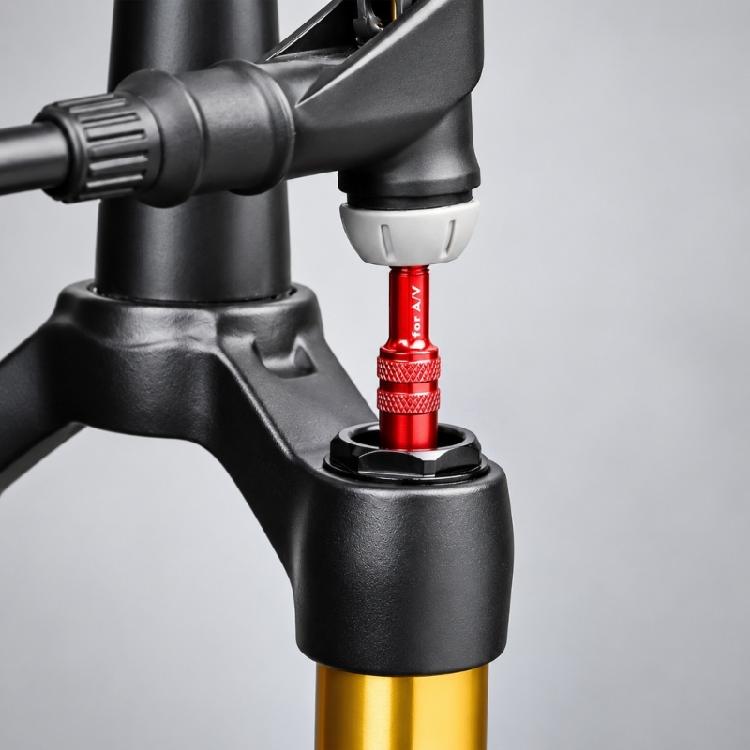 Metal Bike Suspension Inflation Adapter for Air Fork and Rear Shock Pressure Work, Stored with Cycle Repair Gear