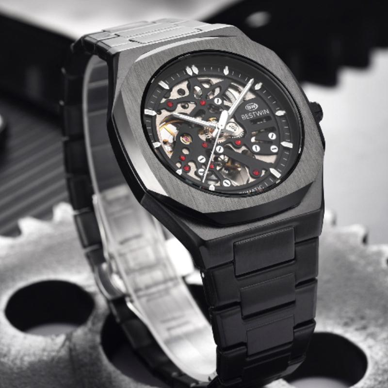 Automatic Mechanical Watches for Men Skeleton Hollow Dial Luminous Wrist Watch Steel Strap Square Case Watch Waterproof