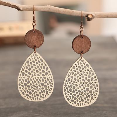 1Pair of Water Drop-shaped Hollow Ear Hook Leather Wood Chip Combination Mesh Earrings