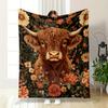 "Highland Cow with Floral Background Art - Flannel Blanket for Bedroom, Living Room, Sofa, and Nap Sofas"