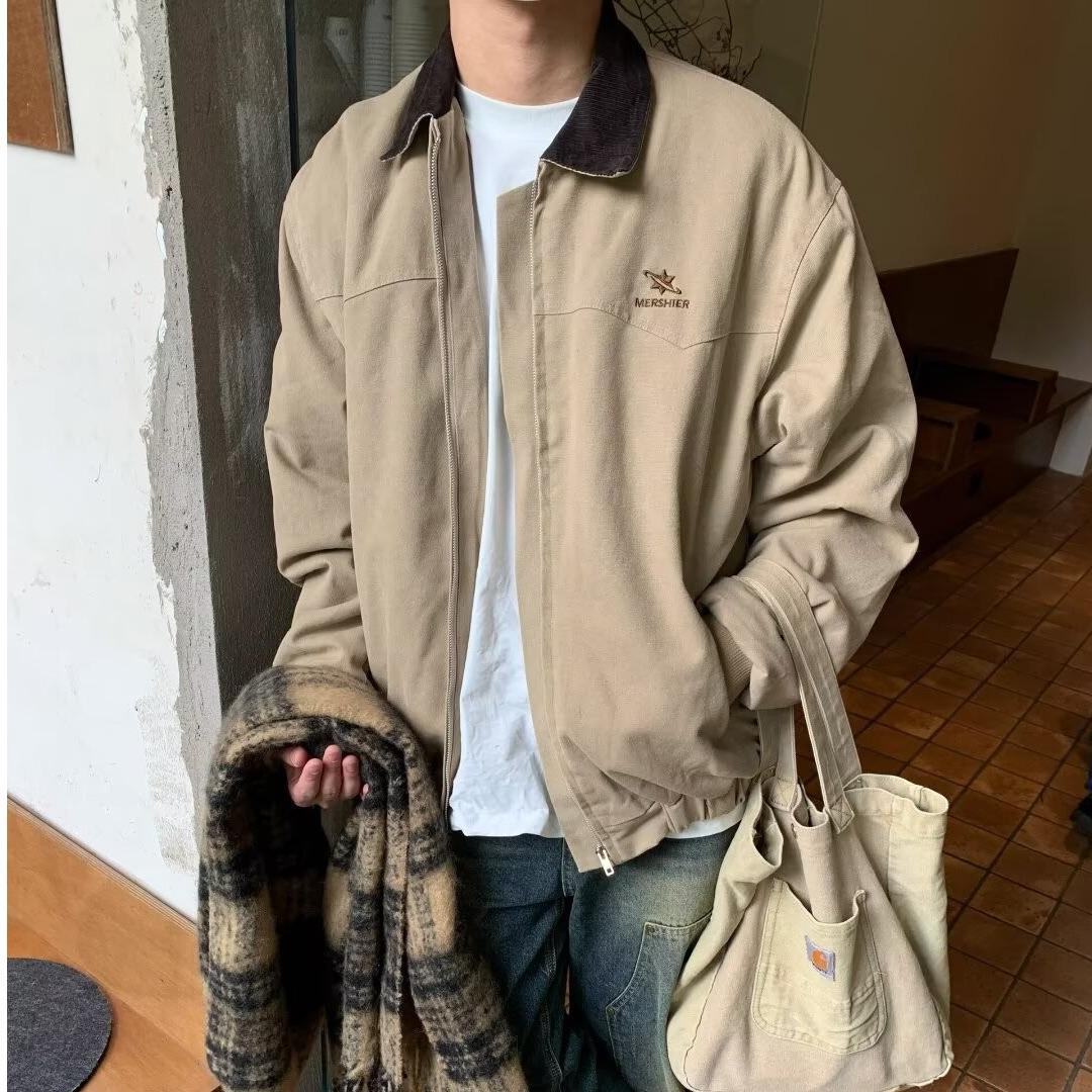 

Мужская винтажная вышитая стираная куртка - свободные лацканы в стиле ретро для весны и осени 2XL хаки