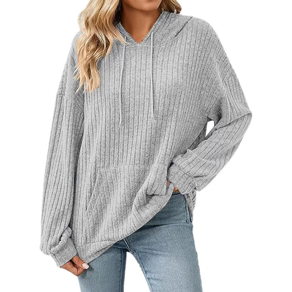 Women's Solid Color Ribbed Hooded Sweatshirt - Long Sleeve, Brushed, Autumn/Winter 2025 Collection