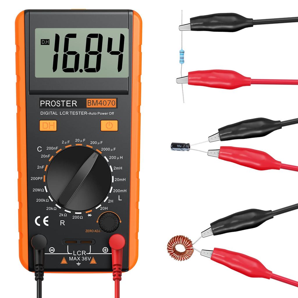 Proster LCR Capacitance Inductance and Resistance Large LCD Test and Alligator Clips Included Meter, Tester, Measurement, Display, Leads,