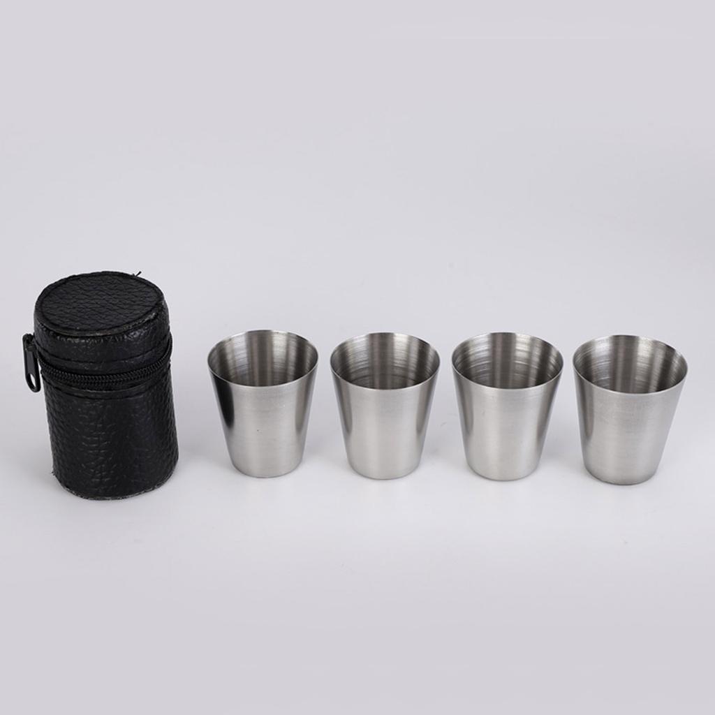 4pcs Portable Metal Drinking Cups 30ml Glasses for Hiking Picnics and Travel Comes Convenient PU Leather Case Drinkware