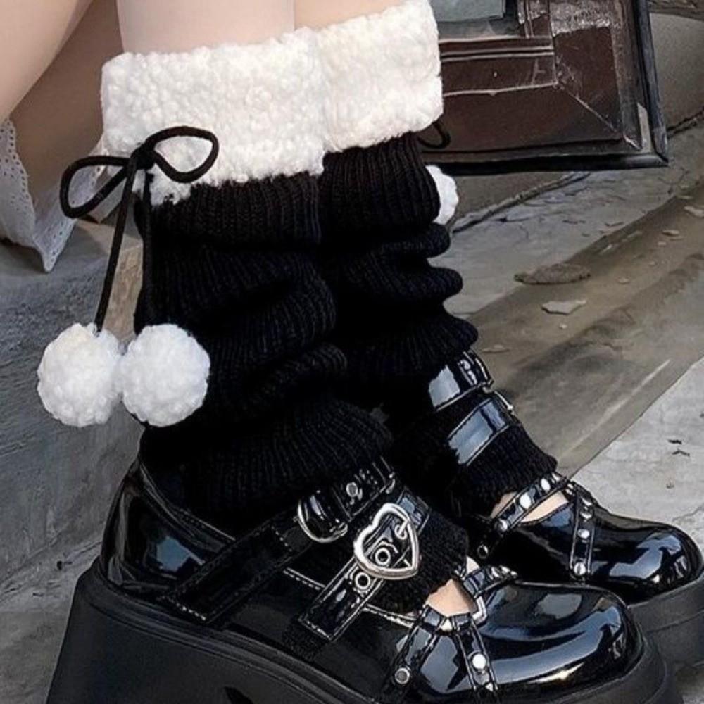 1pair Solid Color Knitted Leg Warmers Warm Winter Foot Cover Cute Mid-Calf Length Socks Girl