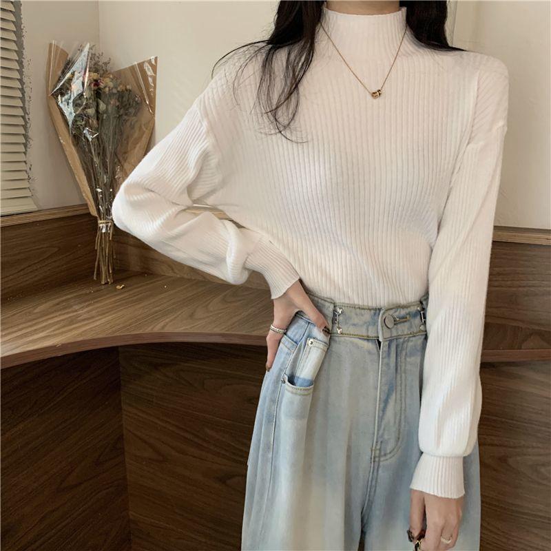 Women's Black Sweater Half Turtleneck Knitwear with Lantern Sleeves Slim Fit Long Sleeve Top for Autumn and Winter Base Layer