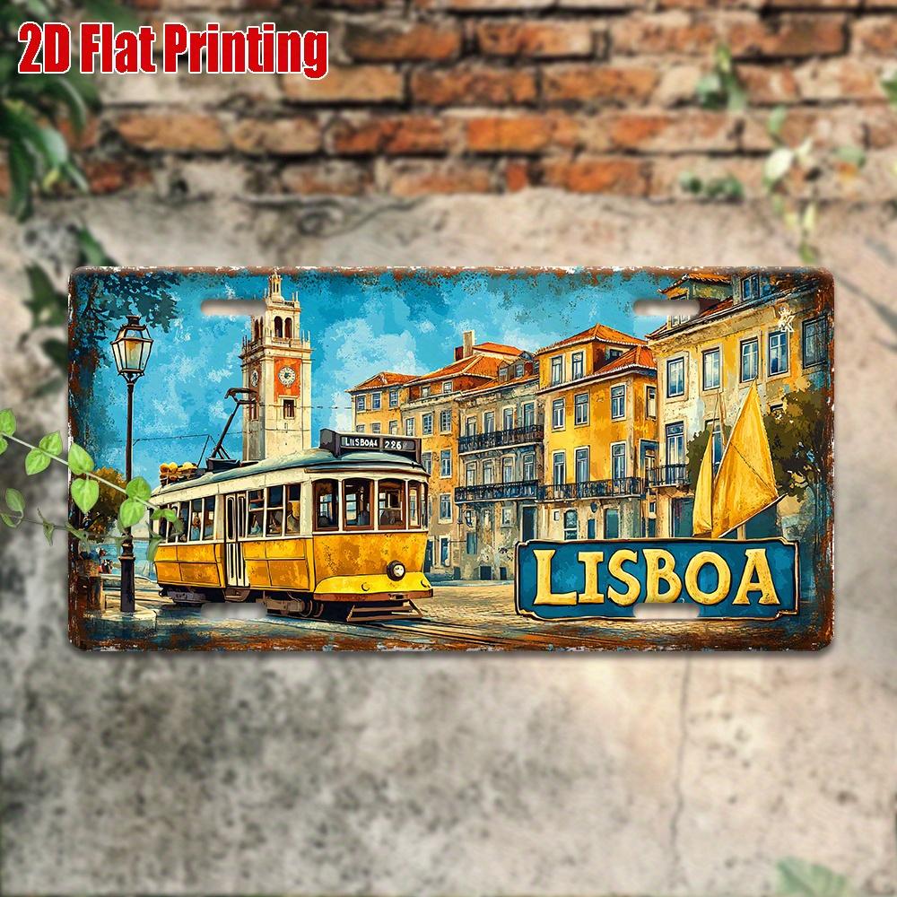 Printing, , Vintage Metal License Plate, Outdoor Wall Art , Number LISBOA Aluminum Sign with Lisbon Tram Scene, for Home, Bar