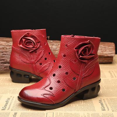 New Handmade Cowhide Leather Boot Ladies Vintage Hollow Shoes Woman Original Brand Ankle Boots Women Autumn Low Heel Fur Booties