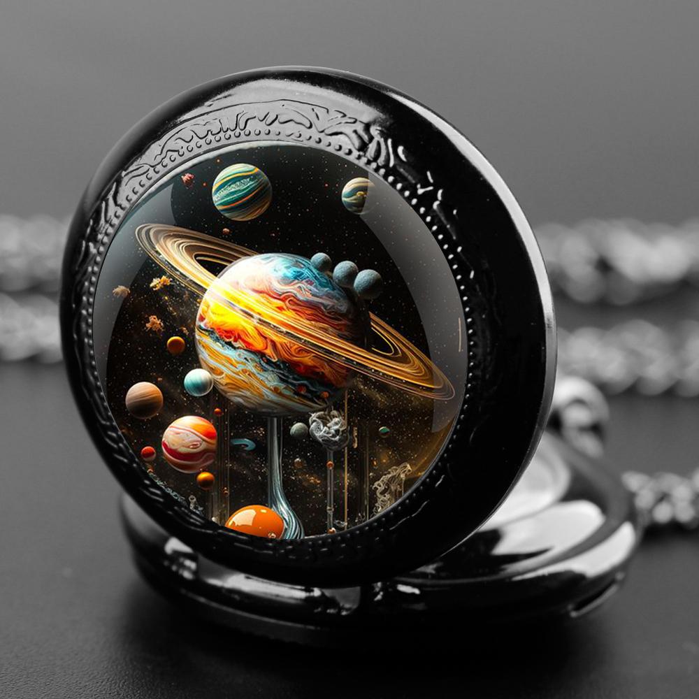 Planet World Design Dome Quartz Pocket Watch with Durable Chain Arabic Numeral Dial for Men Women Creative Gifts