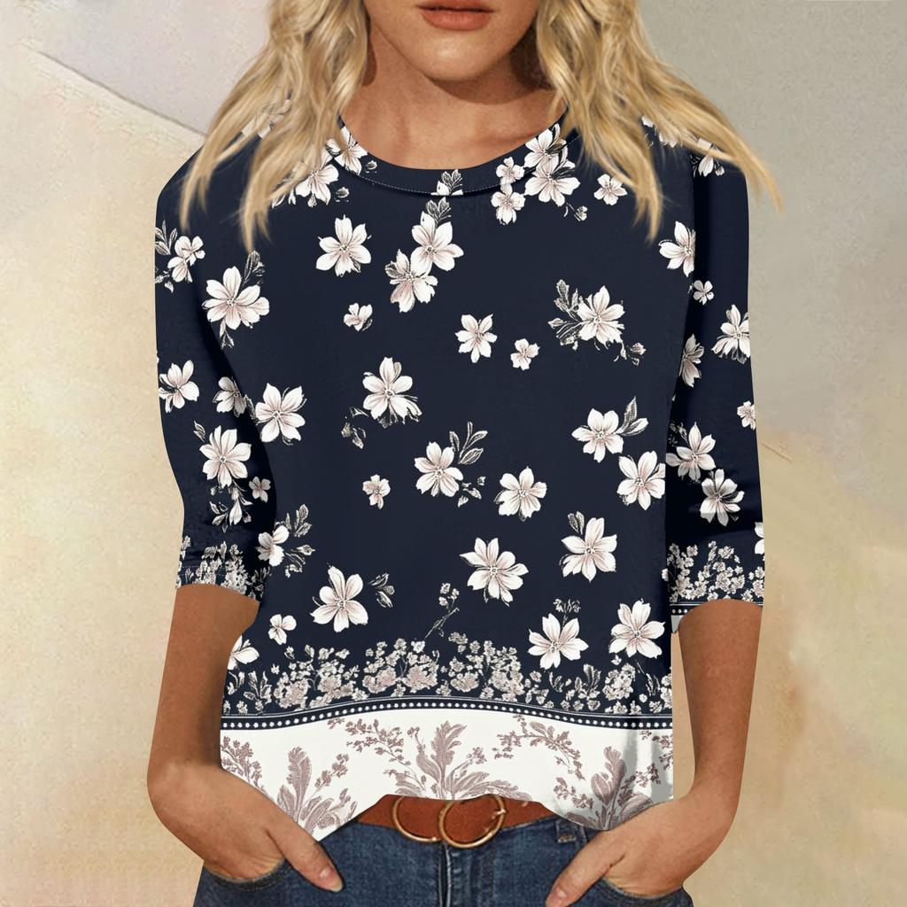 Women's Fashion Casual Round Neck 3/4 Sleeve Loose Printed T-Shirt Ladies Top